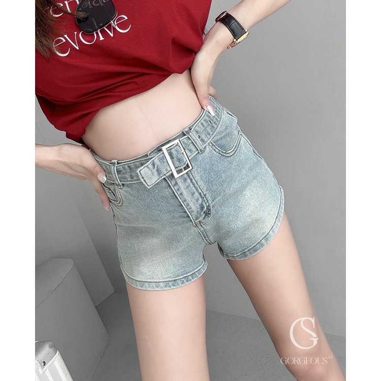 G5727 現貨「LE LIKE'皮帶牛仔彈力短褲」