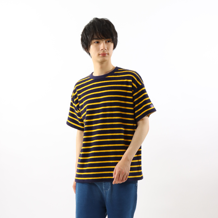 男款-CASUAL 寬版條紋毛圈布短TE-藍x黃(C3-Z334-370)