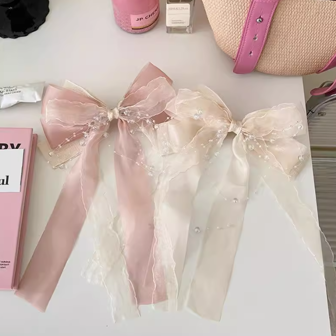 Multilayer Tulle Beaded Chains Ribbon Hair Clip