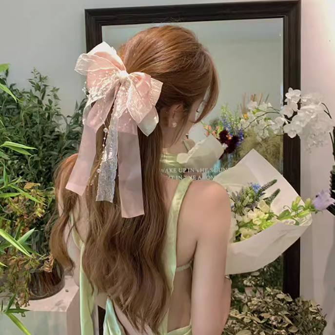 Multilayer Tulle Beaded Chains Ribbon Hair Clip