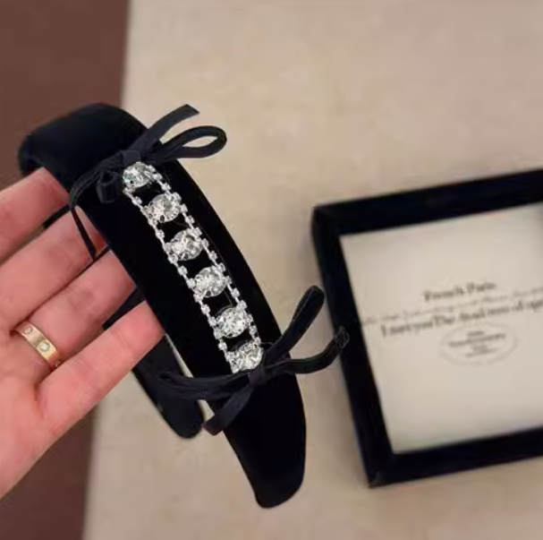 French Vintage Black Ribbon Rhinestones Headband