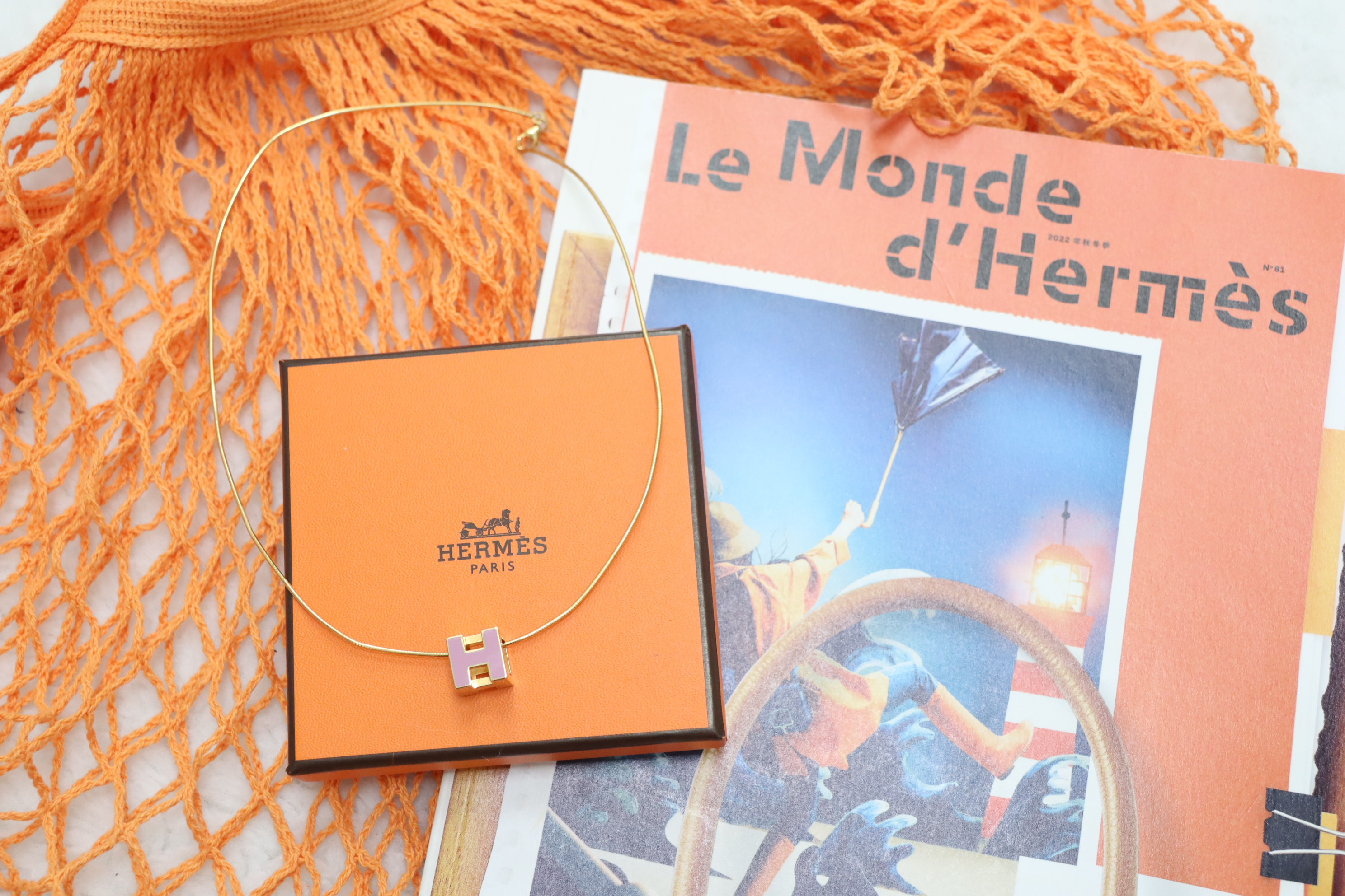 Hermes方型粉金頸鏈💓