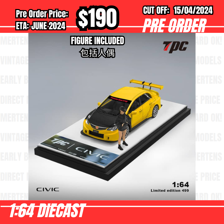 RS-$190  * Time Micro * 1:64 Honda Civic Type R FD2 Yellow Carcon Hood w/figure [OD12/04]
