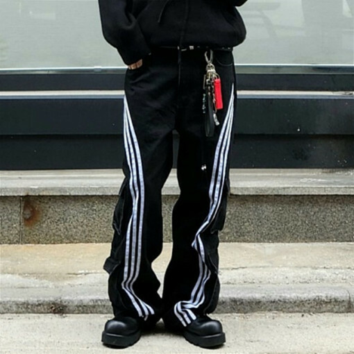 線條寬鬆闊腿工裝牛仔褲