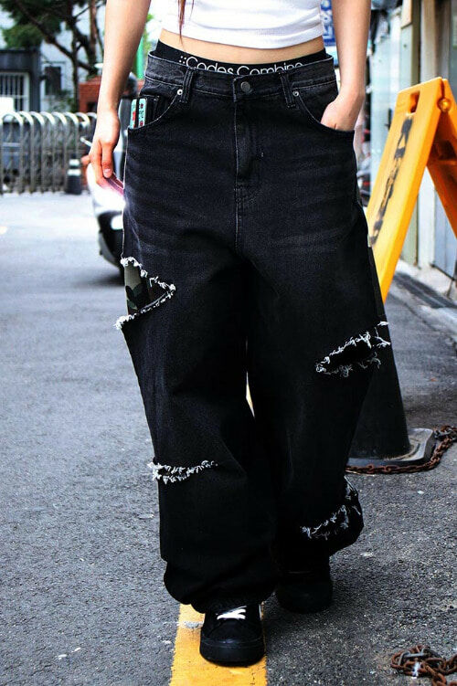 迷彩層疊式闊腿牛仔褲