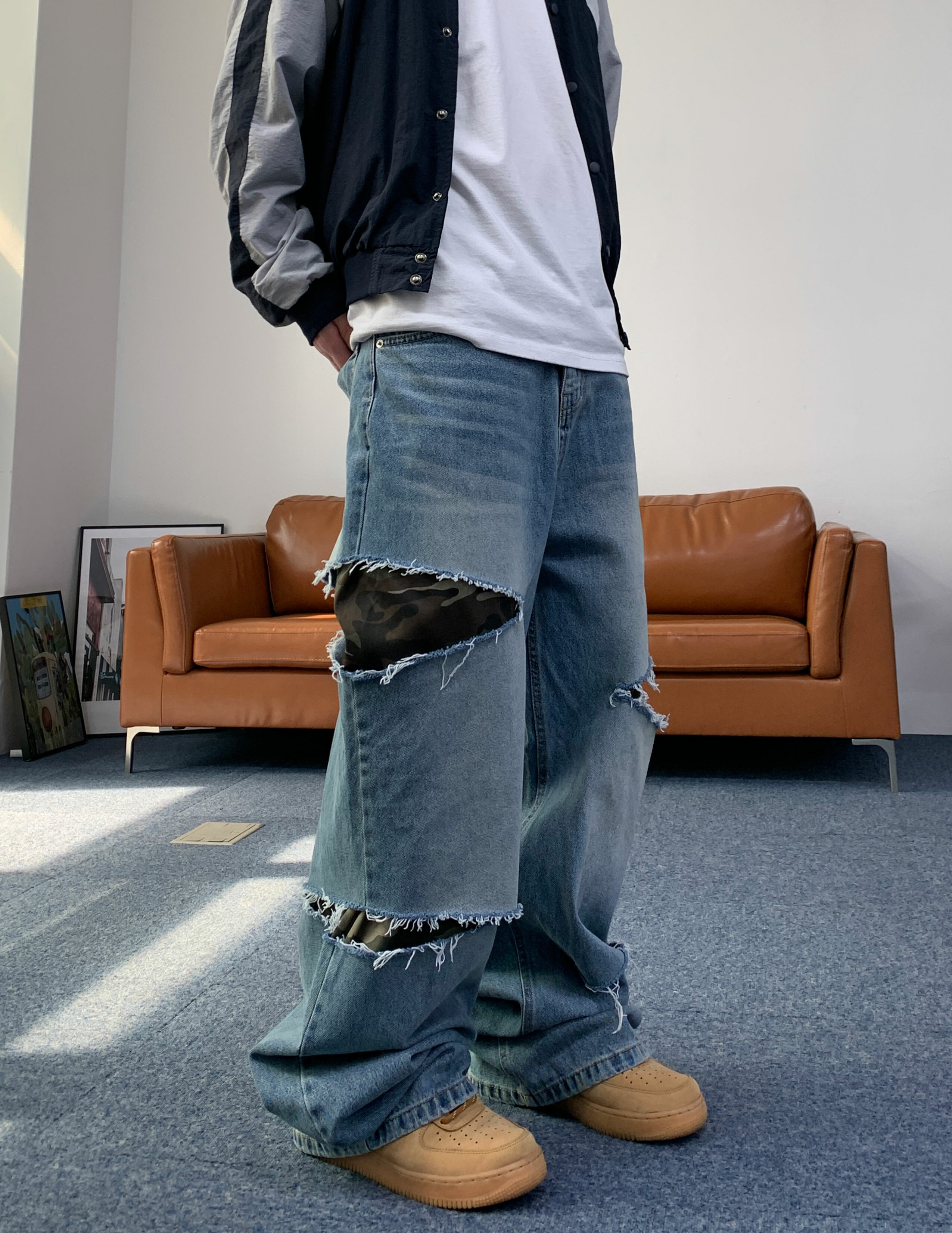 迷彩層疊式闊腿牛仔褲