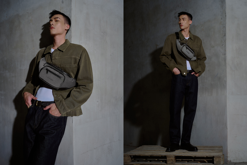 丹寧風穿搭配上腰包,粗獷男子漢風味滿點