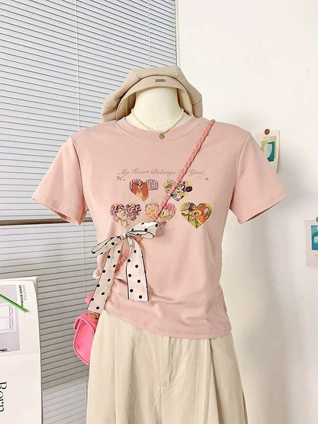 迪士尼蝴蝶結配可愛心型卡通圖案短袖上衣-三色預購