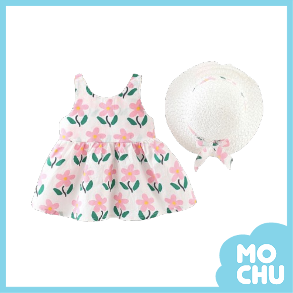 大花綠葉吊帶連身裙送帽子(二色）