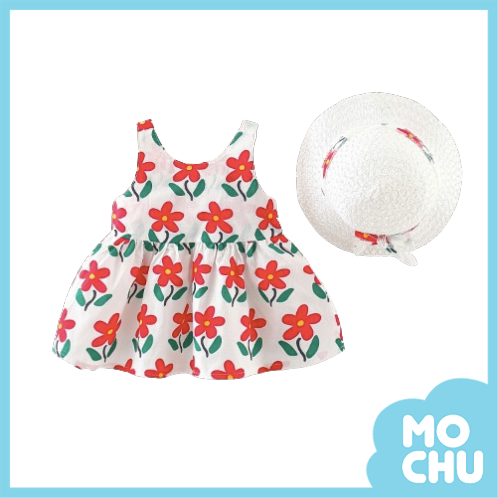 大花綠葉吊帶連身裙送帽子(二色）