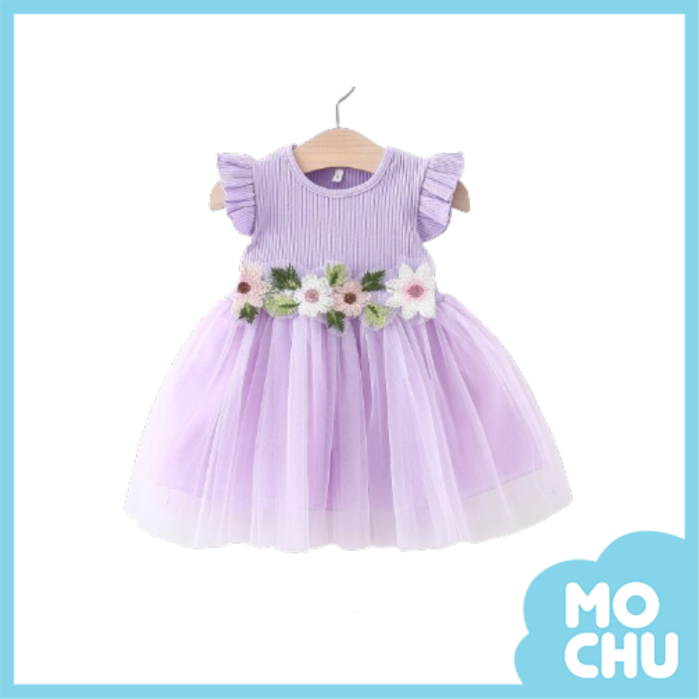 花腰帶飛袖網紗公主洋裝(三色）