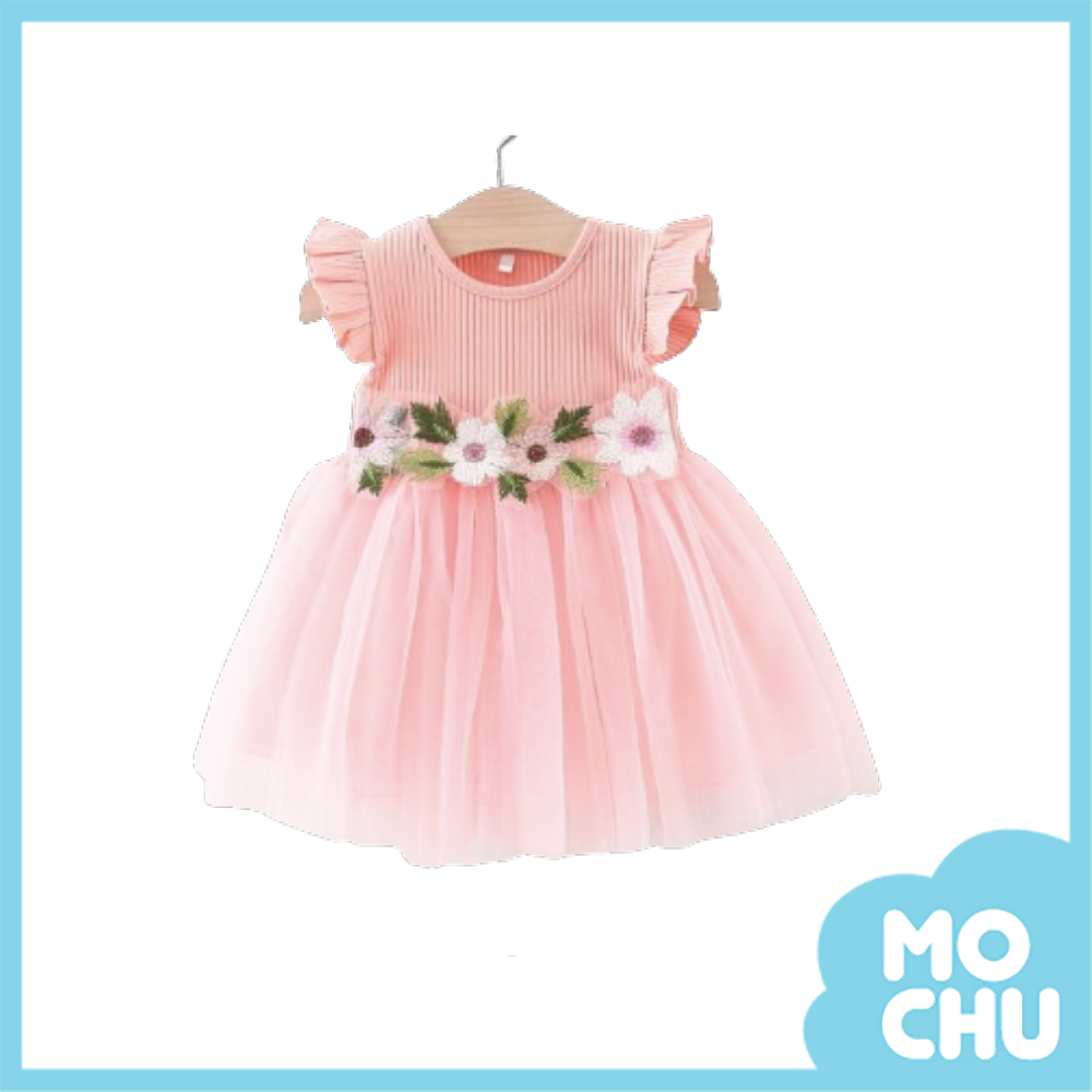 花腰帶飛袖網紗公主洋裝(三色）