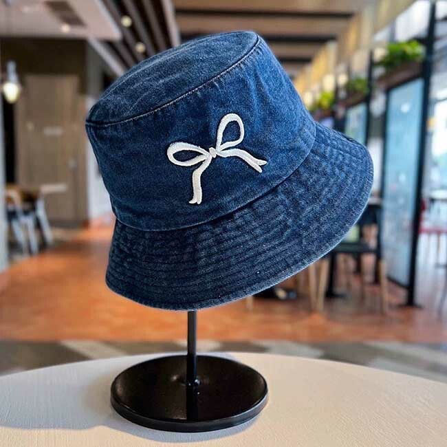 刺繡工藝蝴蝶結牛仔漁夫帽-現貨