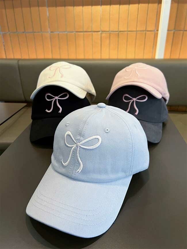 粉粉嫩嫩春天色的刺繡蝴蝶結棒球帽-五色