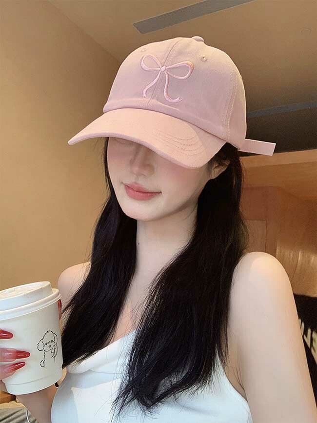 粉粉嫩嫩春天色的刺繡蝴蝶結棒球帽-五色