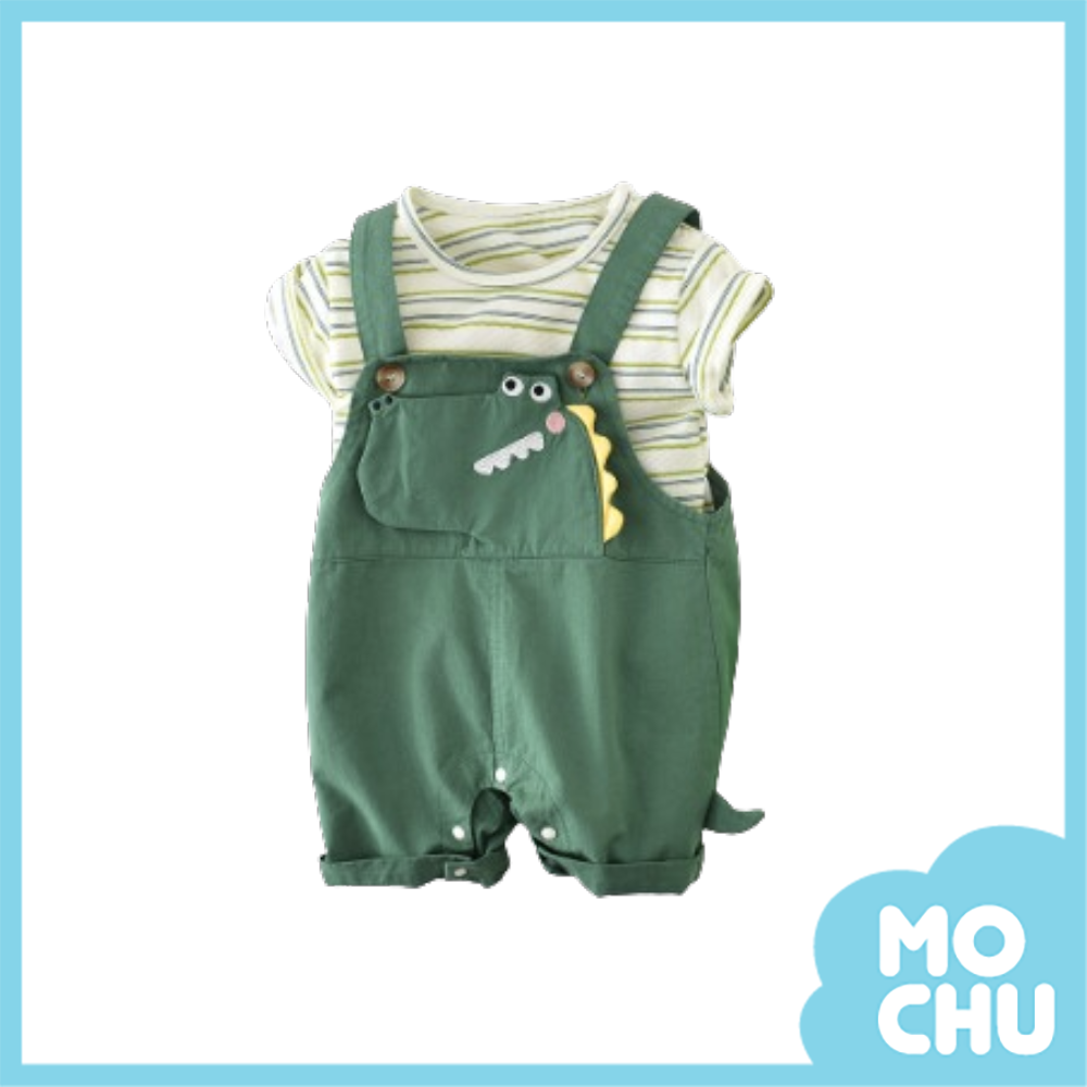 微笑恐龍條紋衣吊帶褲套裝