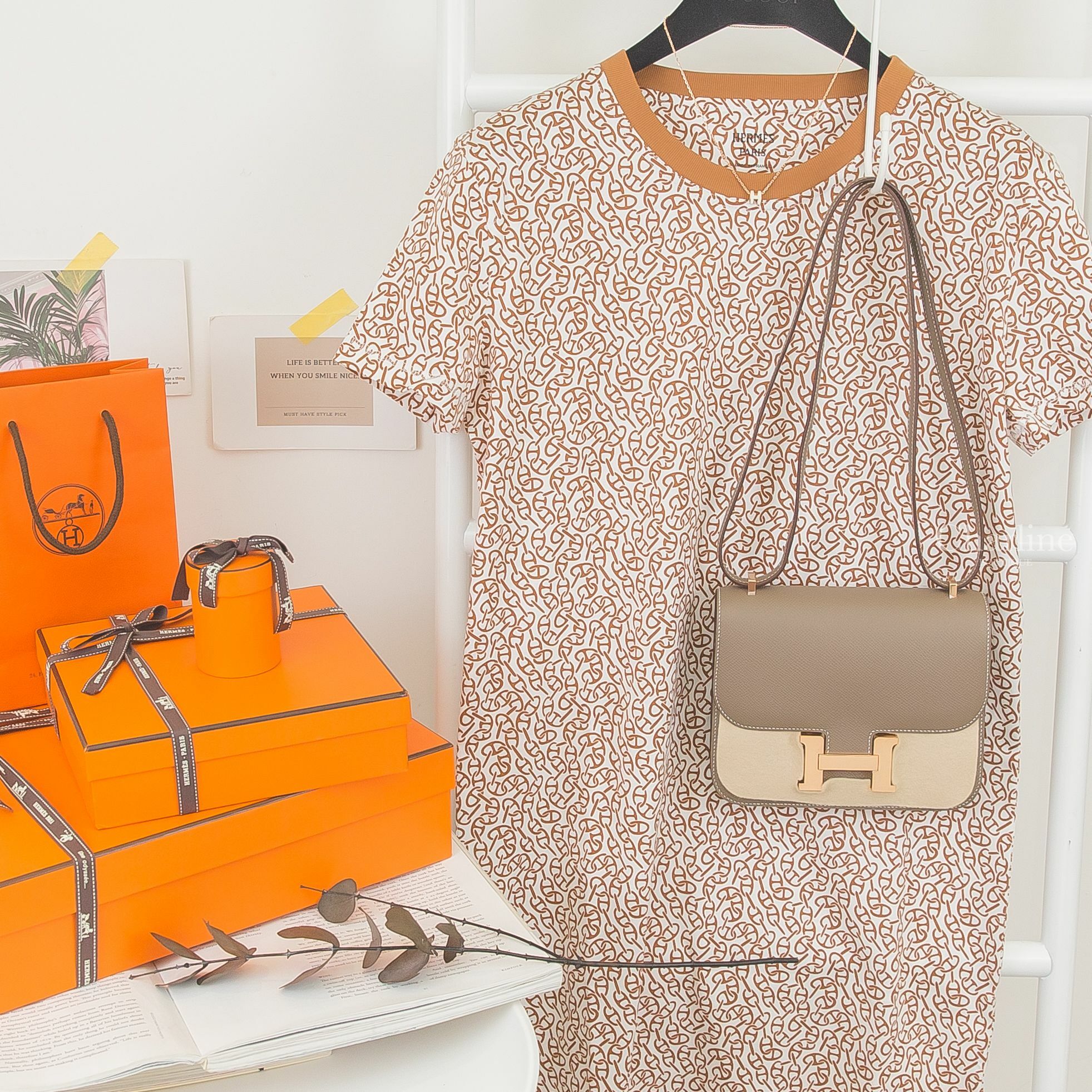 Hermès Mini Constance 大象灰玫瑰金釦鏡面款,Hermès Dress 栗棕色滿板豬鼻子印花修身短袖棉質洋裝,Hermès Mini Pop H Pendant 白色玫瑰金項鍊-Charline Boutique 精品代購