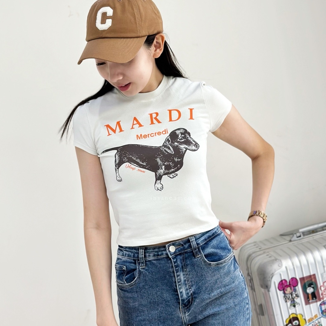 MARDI MERCREDI 韓國 短板 短袖上衣 合身 臘腸狗 奶茶/灰