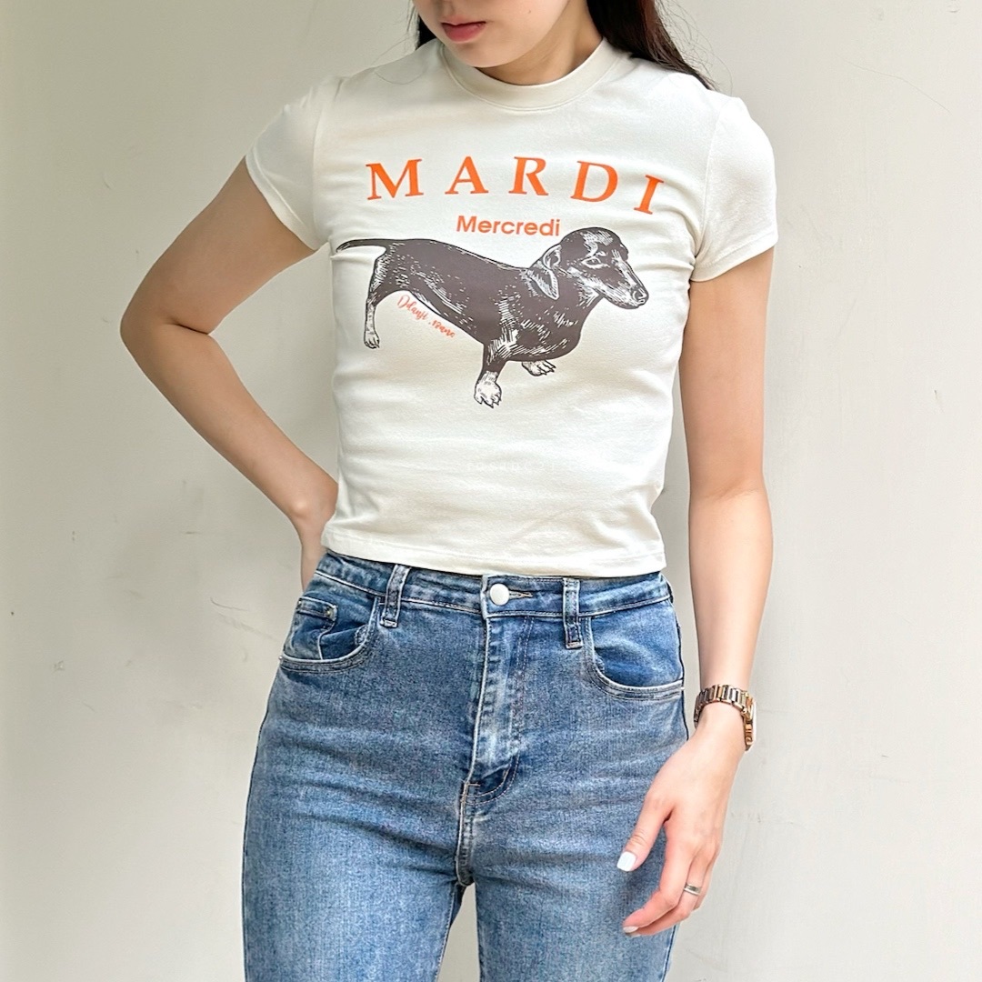 MARDI MERCREDI 韓國 短板 短袖上衣 合身 臘腸狗 奶茶/灰