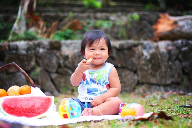 一個小孩坐在戶外的野餐毯上，手裡拿著一塊餅乾，旁邊放著各種水果和一顆球，對著鏡頭微笑。