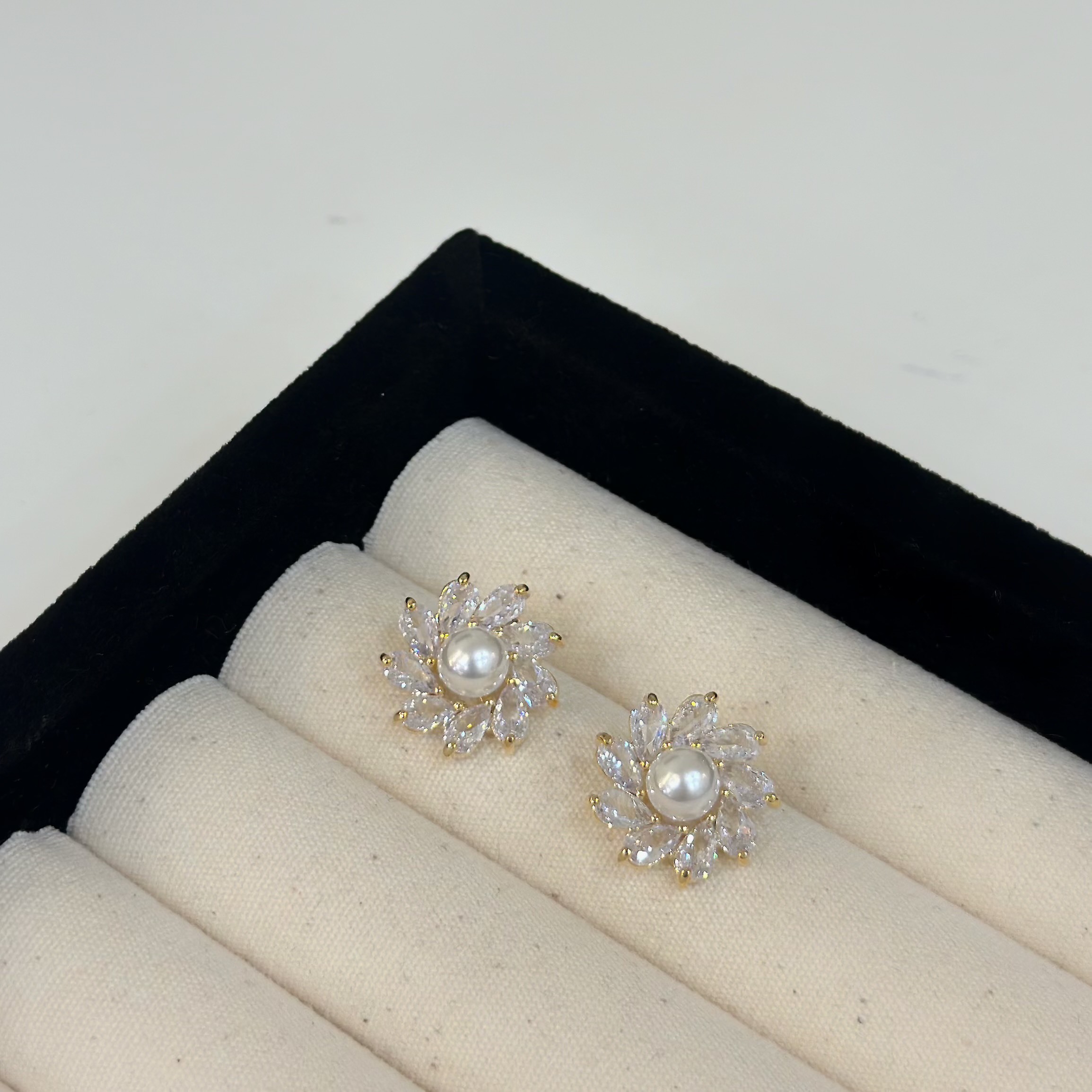 夕陽．鋯石太陽花珍珠耳貼