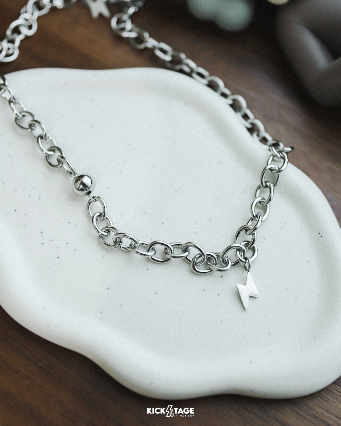 #KEEP LIGHTNING NECKLACE 銀鍊 亮面銀 閃電 鈦鋼 不鏽鋼 百搭基本款 項鍊【KS208】