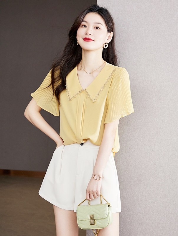 黃XL/白2XL【零碼出清不退換】緹花翻領褶袖雪紡上衣