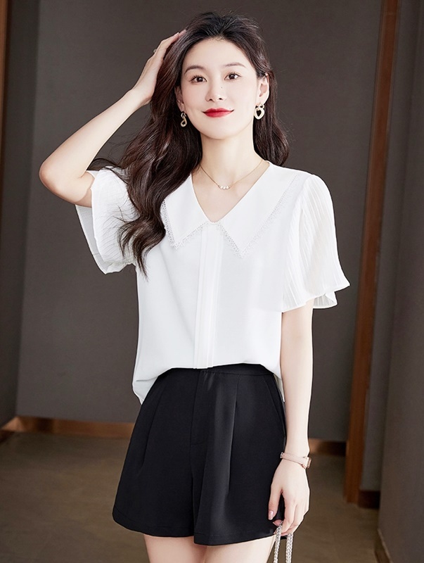 黃XL/白2XL【零碼出清不退換】緹花翻領褶袖雪紡上衣