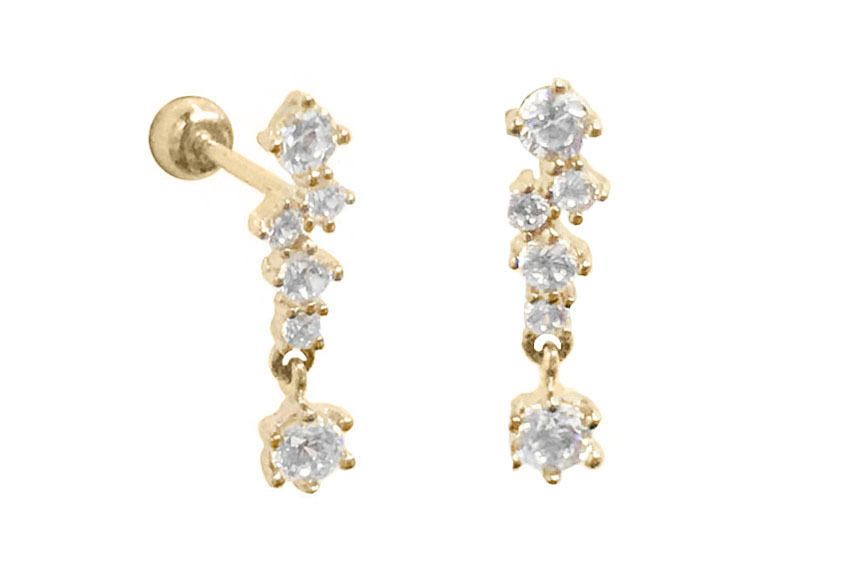 K金不規則排鑽垂墜單鑽鎖珠式耳環 (黃K金)