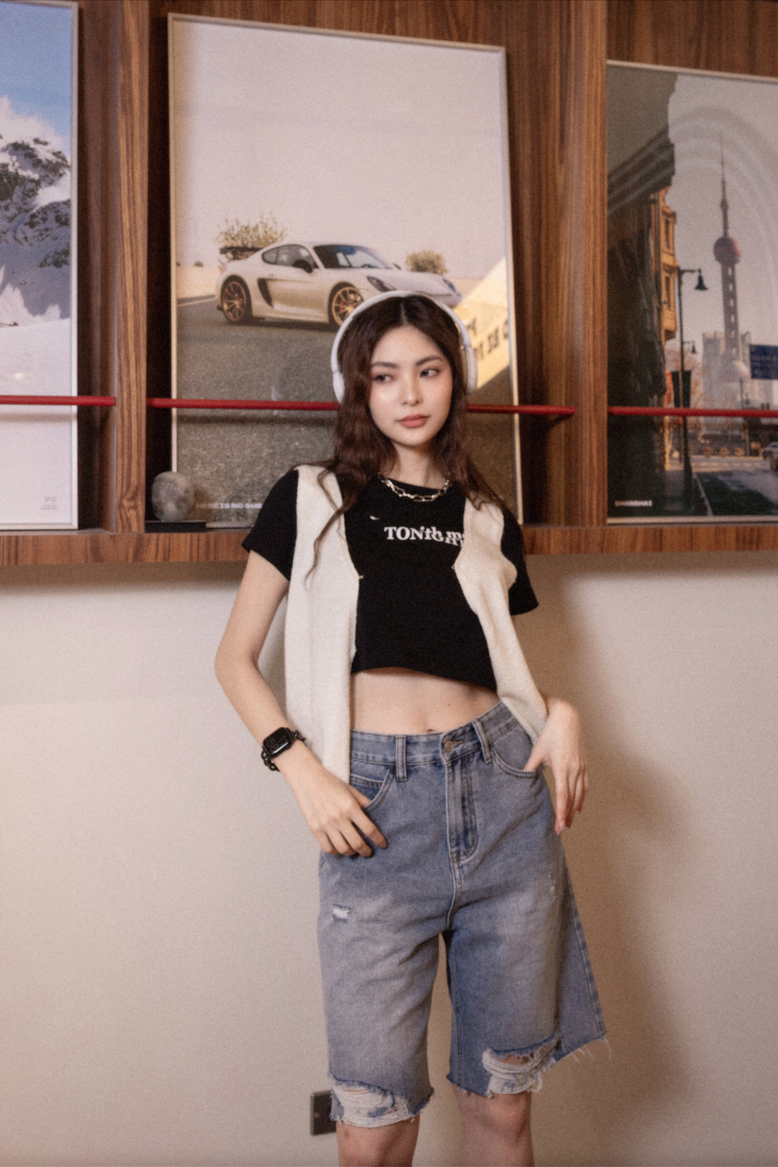 V領簡約勾釦針織背心（米白色/2尺寸）