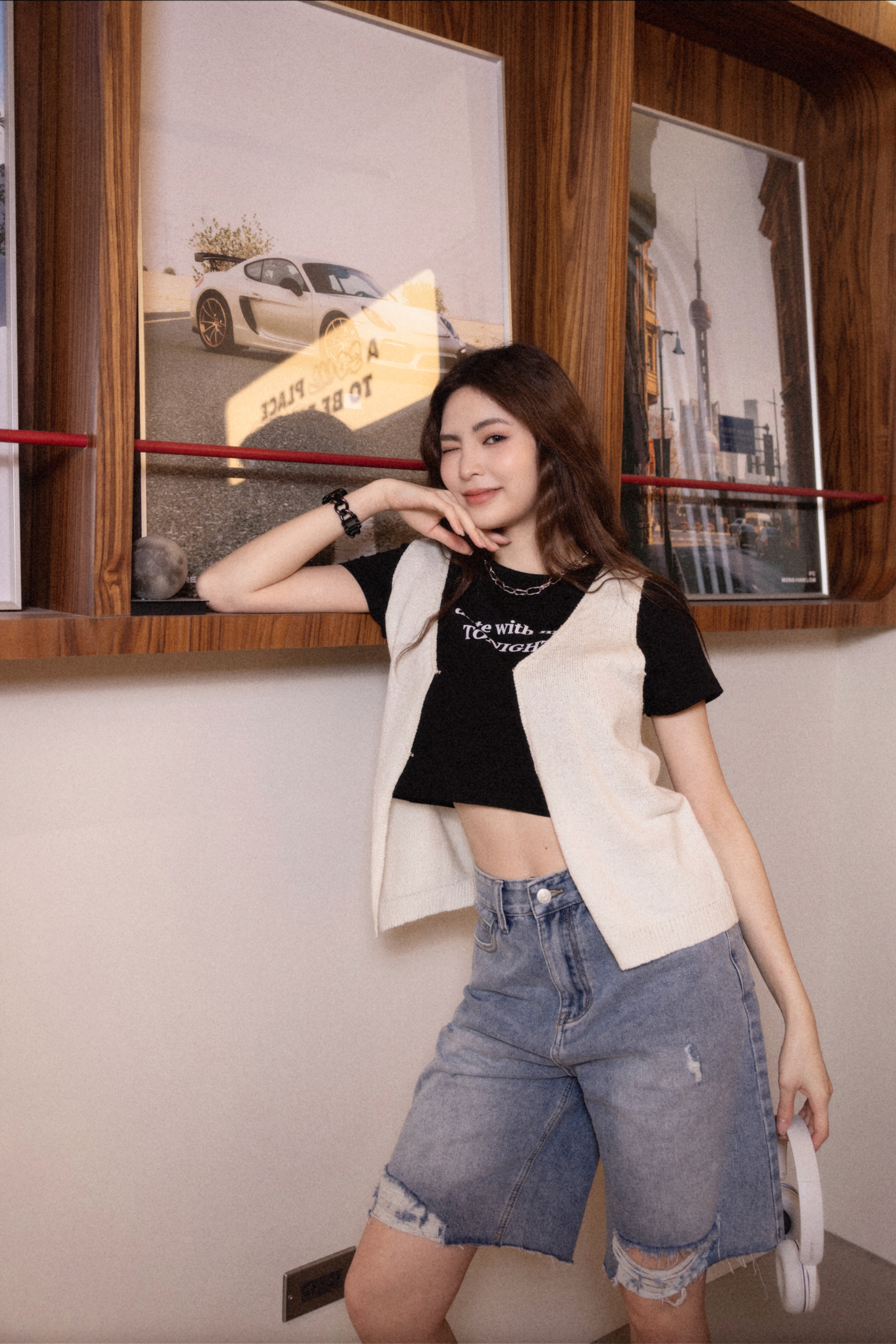 V領簡約勾釦針織背心（米白色/2尺寸）