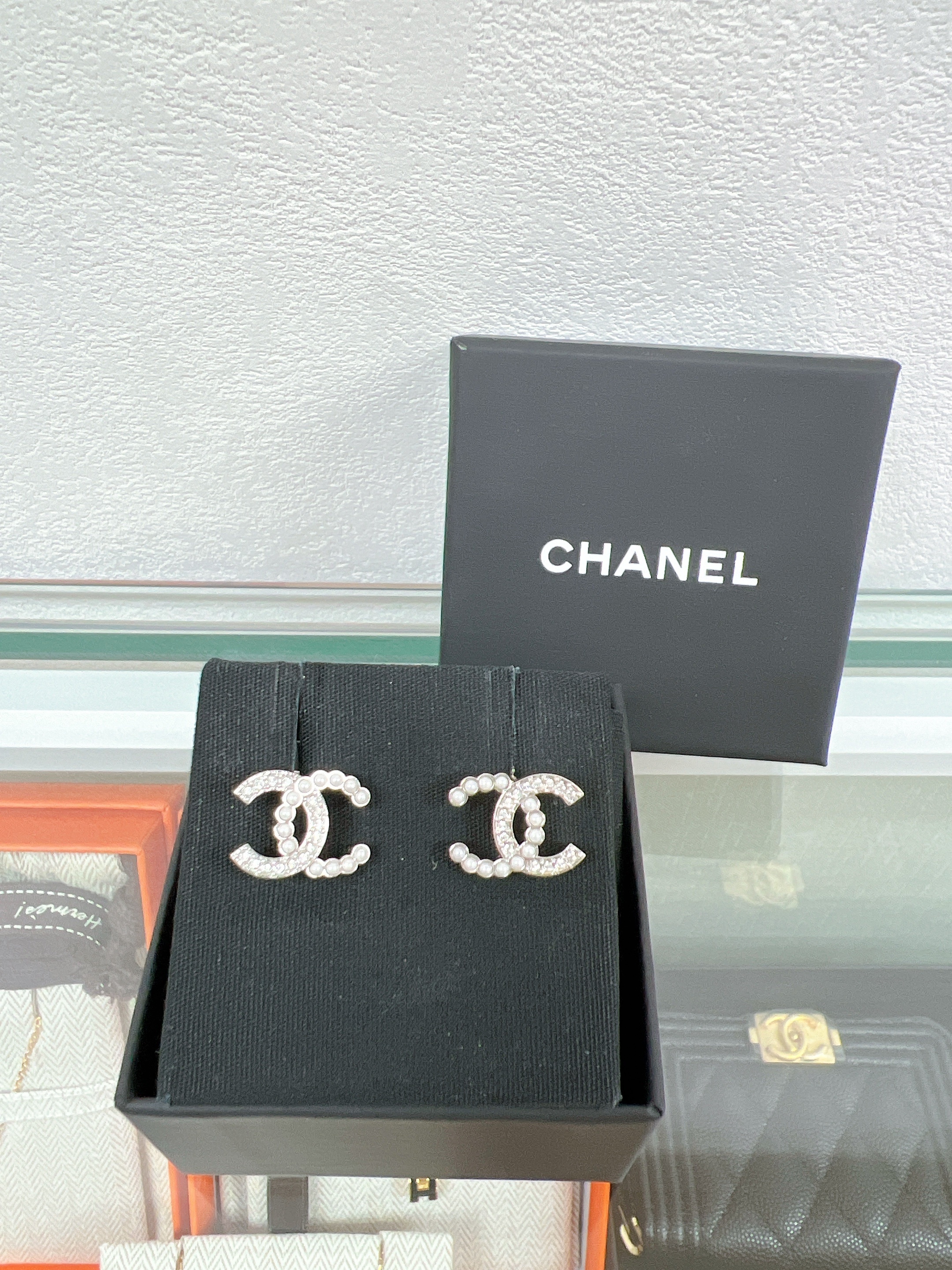 Chanel pearl crystal earrings logo 24s
