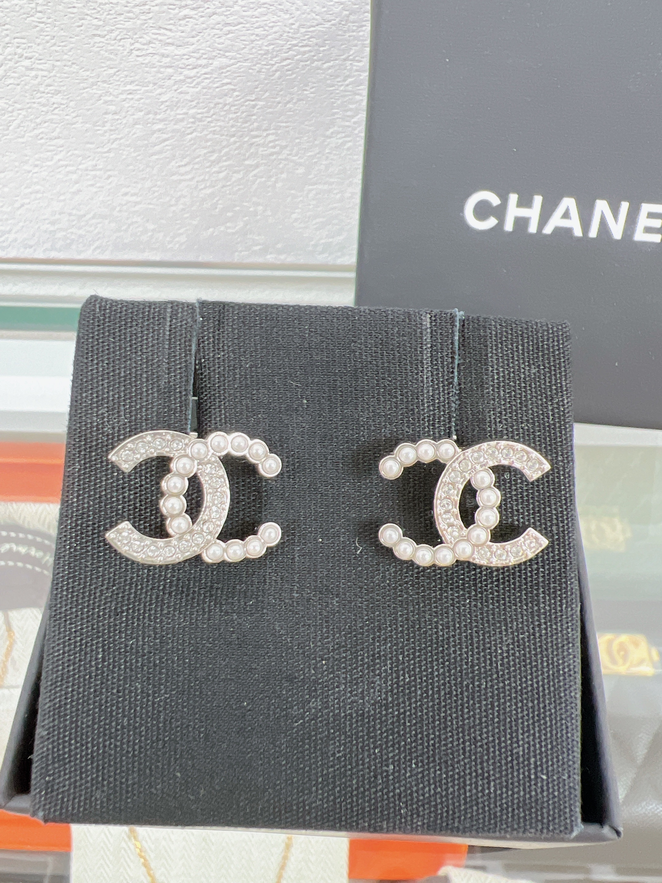 Chanel pearl crystal earrings logo 24s