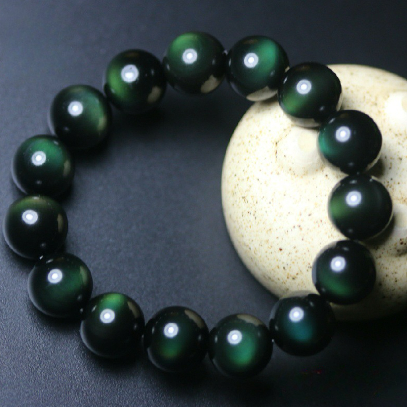 【藏寶】墨西哥珍藏級黑曜石-藍綠眼水晶手鍊/水晶手串