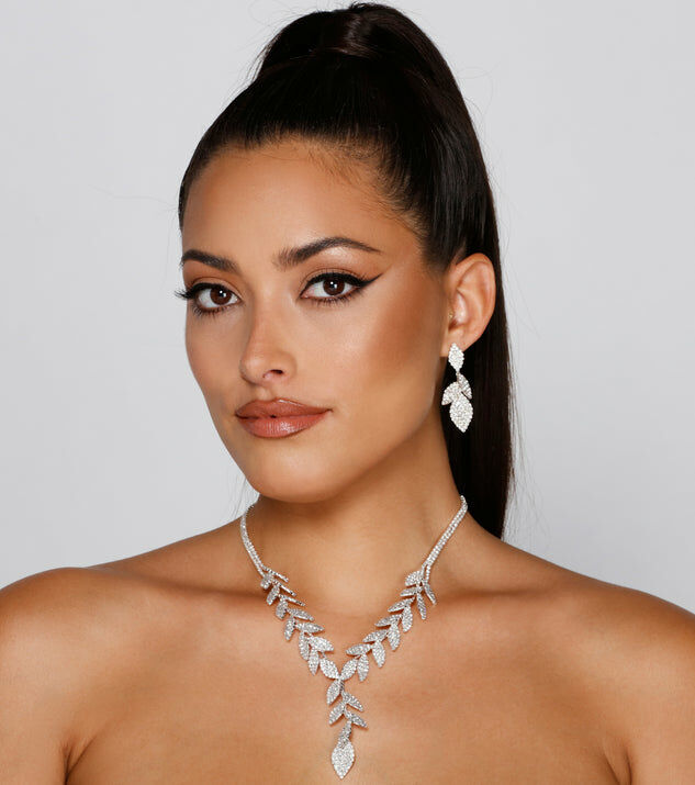 Lux Glam 銀色葉片Y字水鑽項鍊+耳環珠寶套組