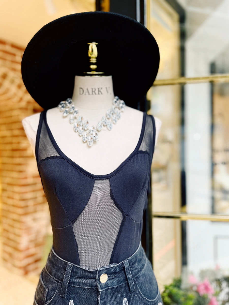 Black Mesh 黑色線條透紗連身衣Bodysuit