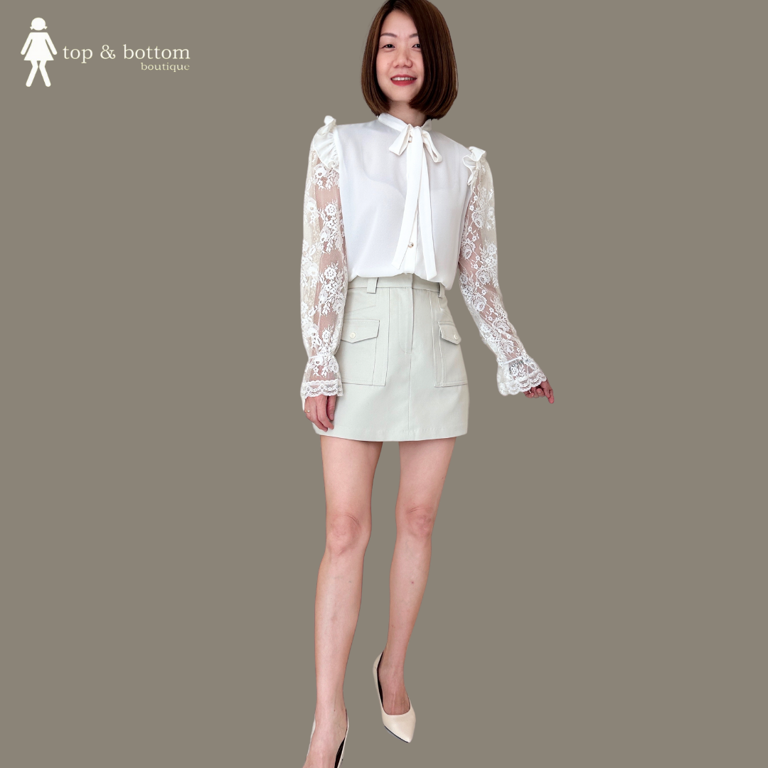 RIBBON FRONT LACE SLEEVE CHIFFON BLOUSE