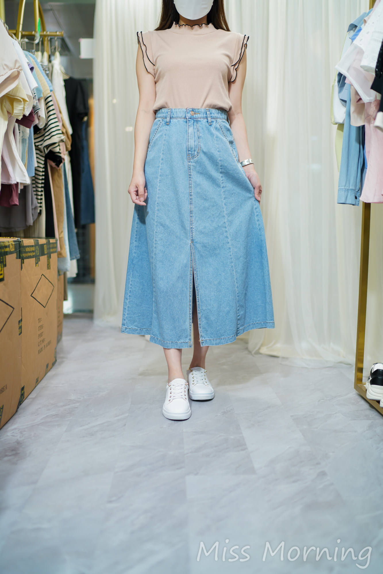 雙荷邊邊袖上衣(13842)&中薄身超百搭好遮肉傘牛仔裙(33733)