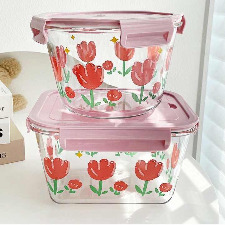 《3997》鬱金香印花玻璃可加熱保鮮盒