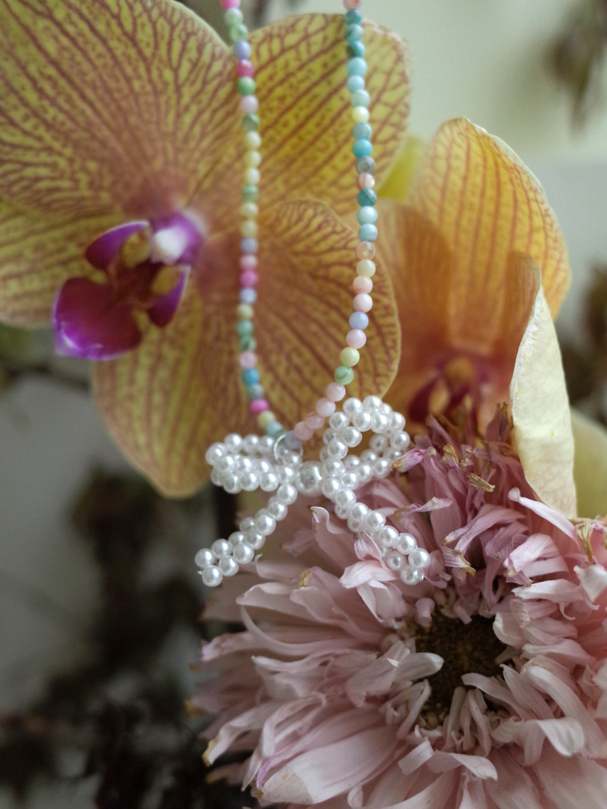 candy beads pearl bow necklace