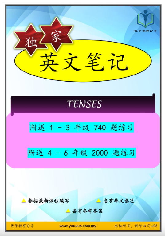 优学教育分享  Tenses （附送 740题1-3年级练习 + 附送 2000题 4-6年级练习 ）514页