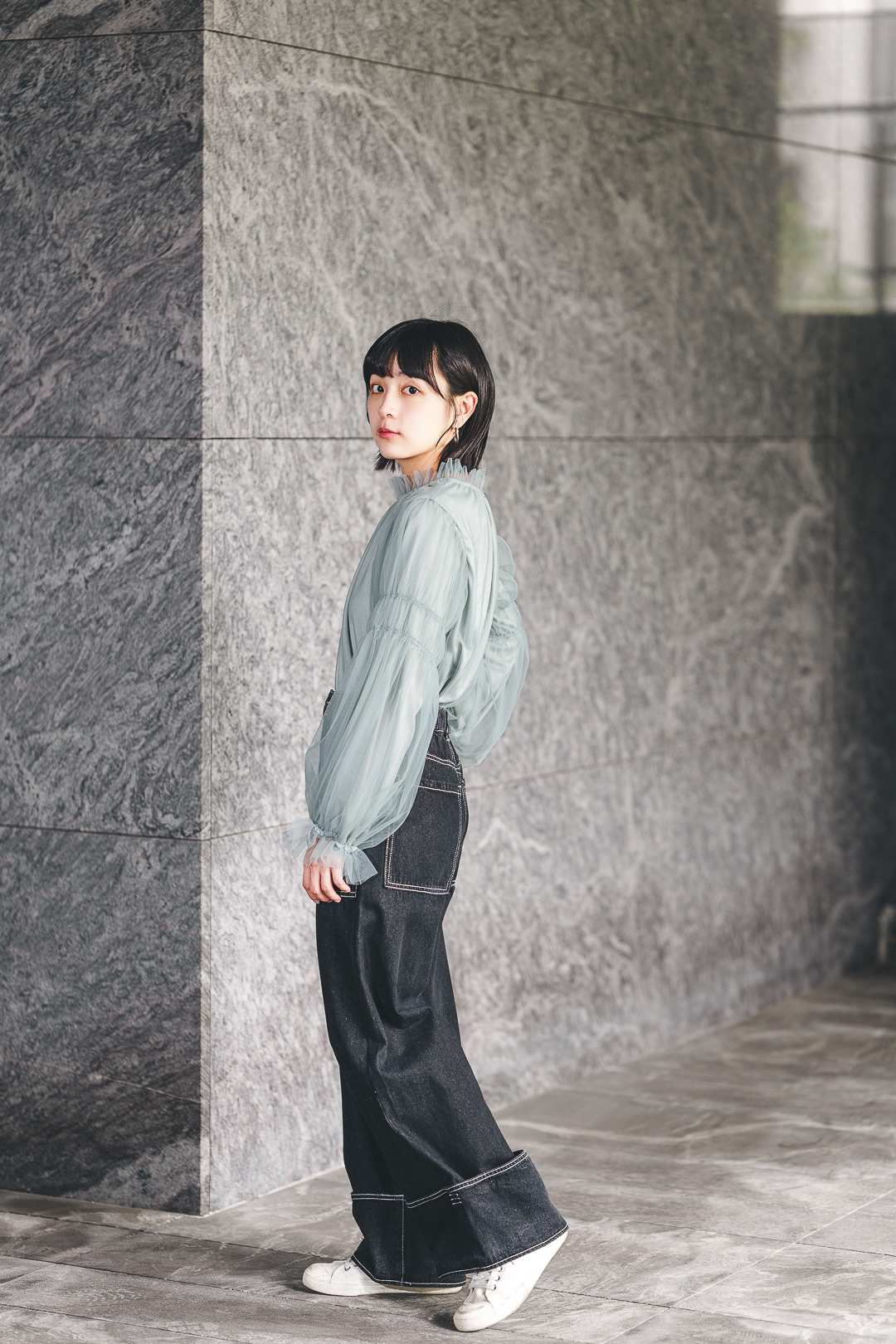 水星限定！薄紗褶皺上衣(兩色-湖水藍)