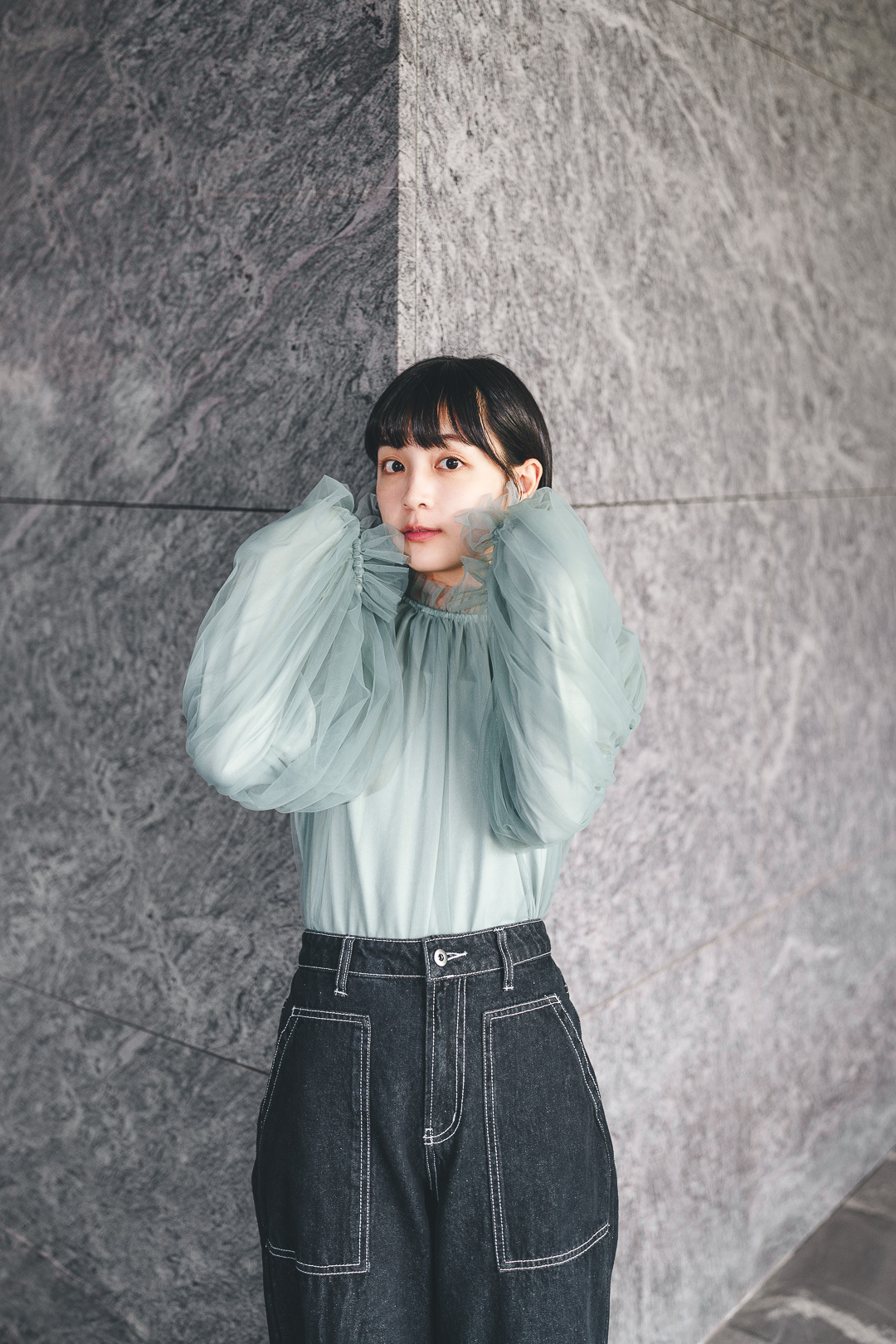 水星限定！薄紗褶皺上衣(兩色-湖水藍)