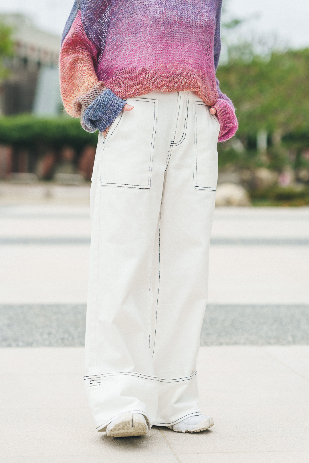 心說跟你走！下擺捲車線寬褲(三色-純白)