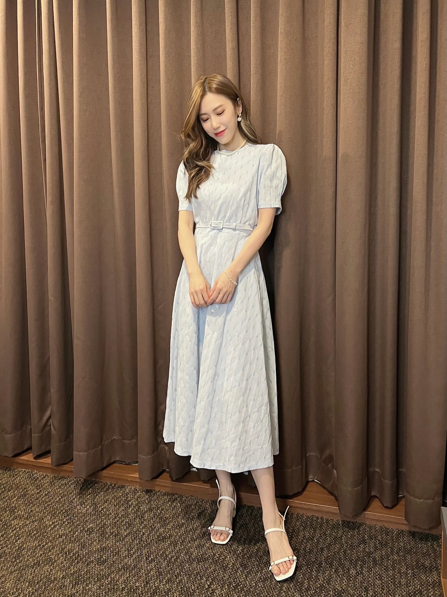 雨滴刺繡腰帶短袖傘洋