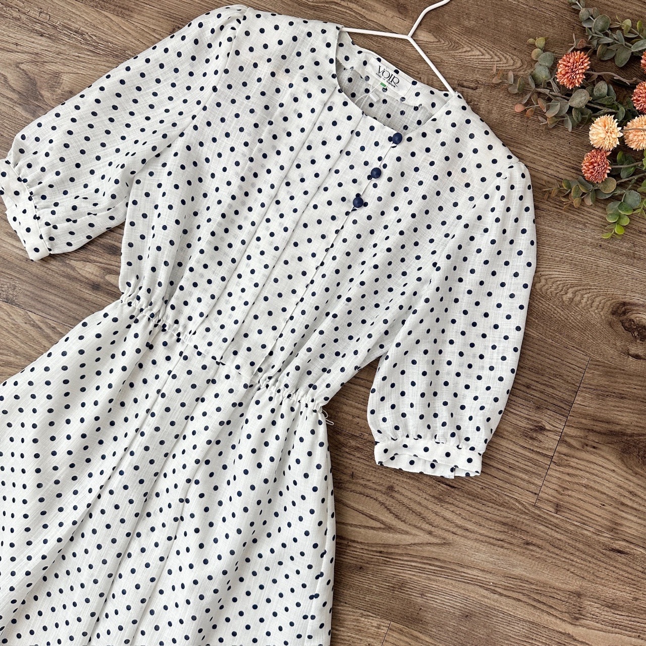 VOIR白色配深藍小波點古著連身裙