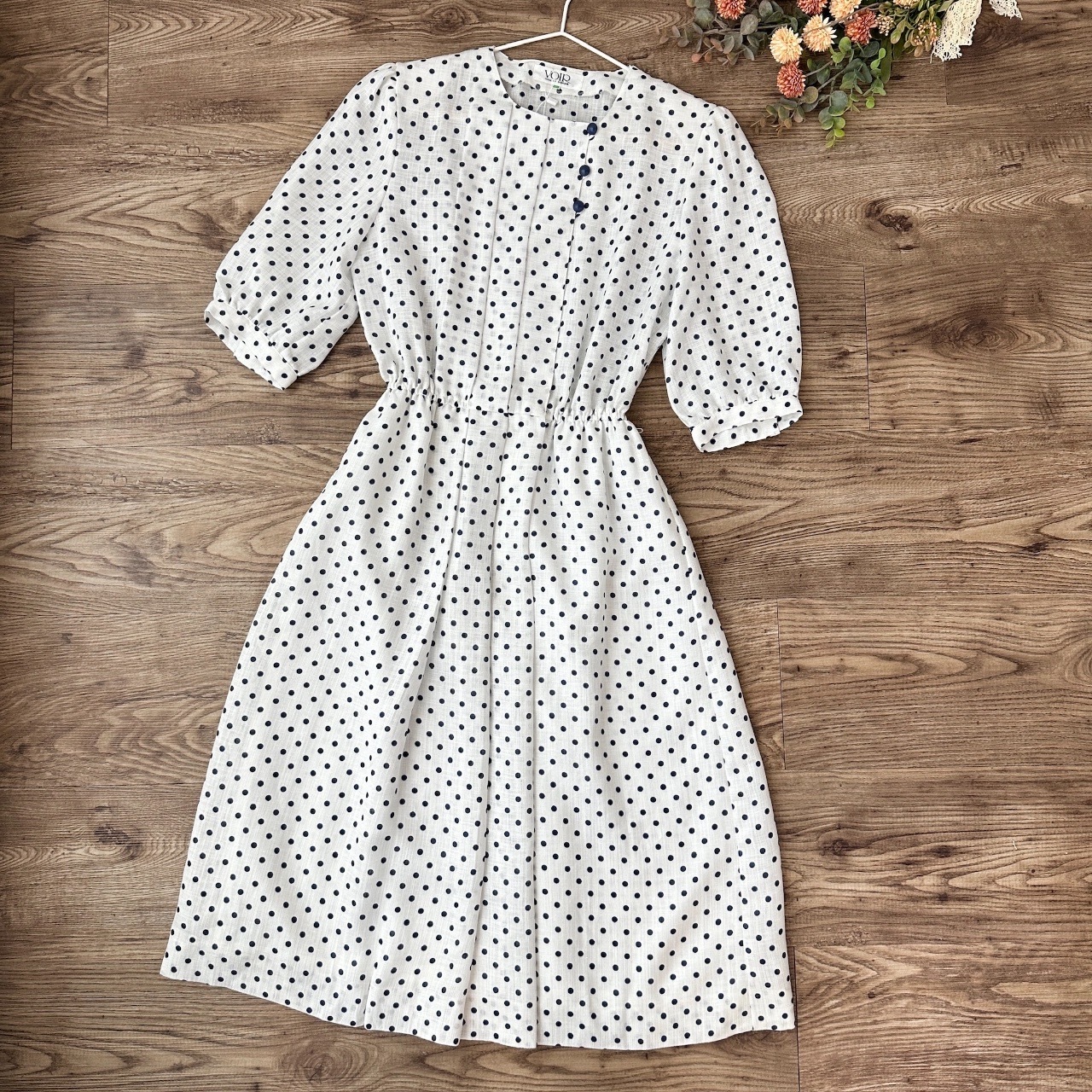 VOIR白色配深藍小波點古著連身裙