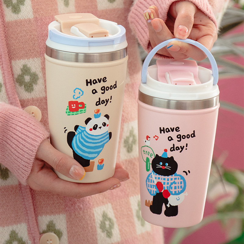 《4001》彩色塗鴉熊貓隨手吸管保溫杯400ML