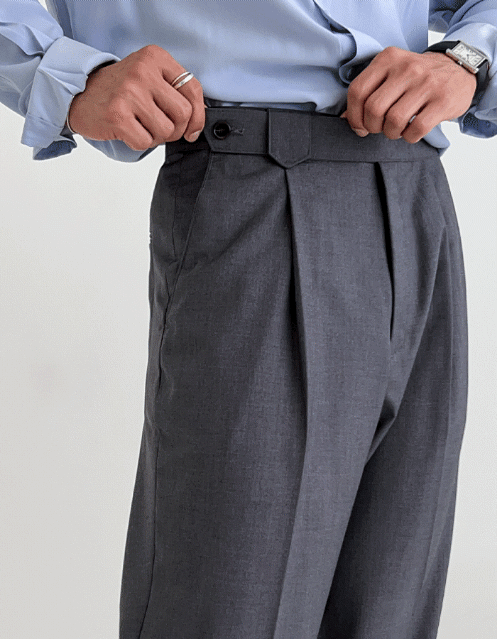 (韓國限時特價)橫軸扣後捏褶微寬西裝褲