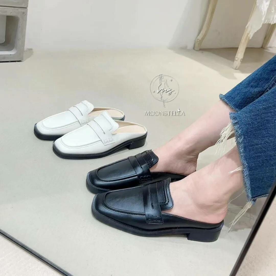 韓國復古方頭真皮穆勒鞋